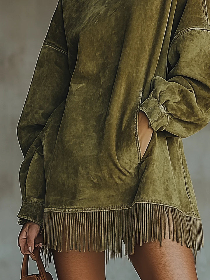 Brunna | Damen Fransensaum Strickkleid Oversized, 60 Chars - Olive Green - Image 3