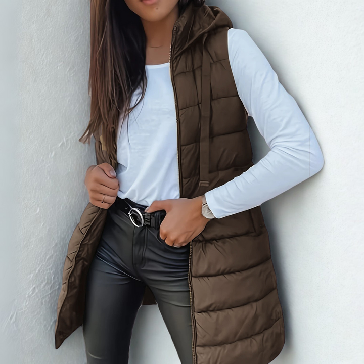 Brunora | Damen Lange Steppweste mit Kapuze - Black - Image 4