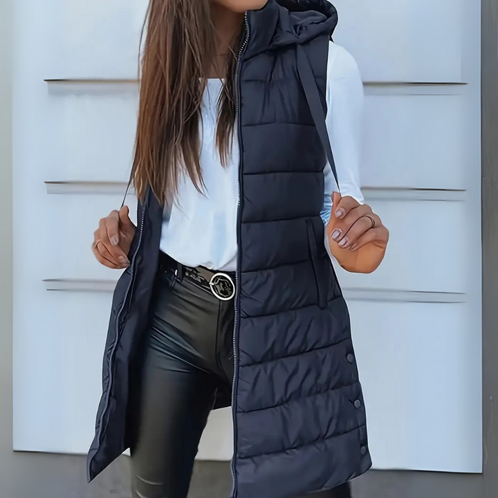 Brunora | Damen Lange Steppweste mit Kapuze - Black - Image 7