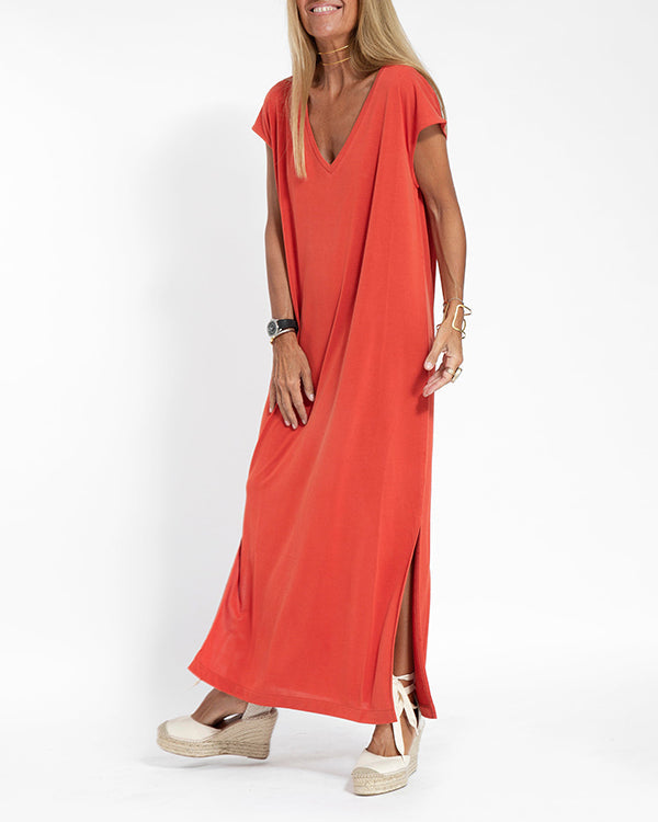 Maya | Damen Langes Freizeitkleid V-Ausschnitt Kurzarm Loose Fit