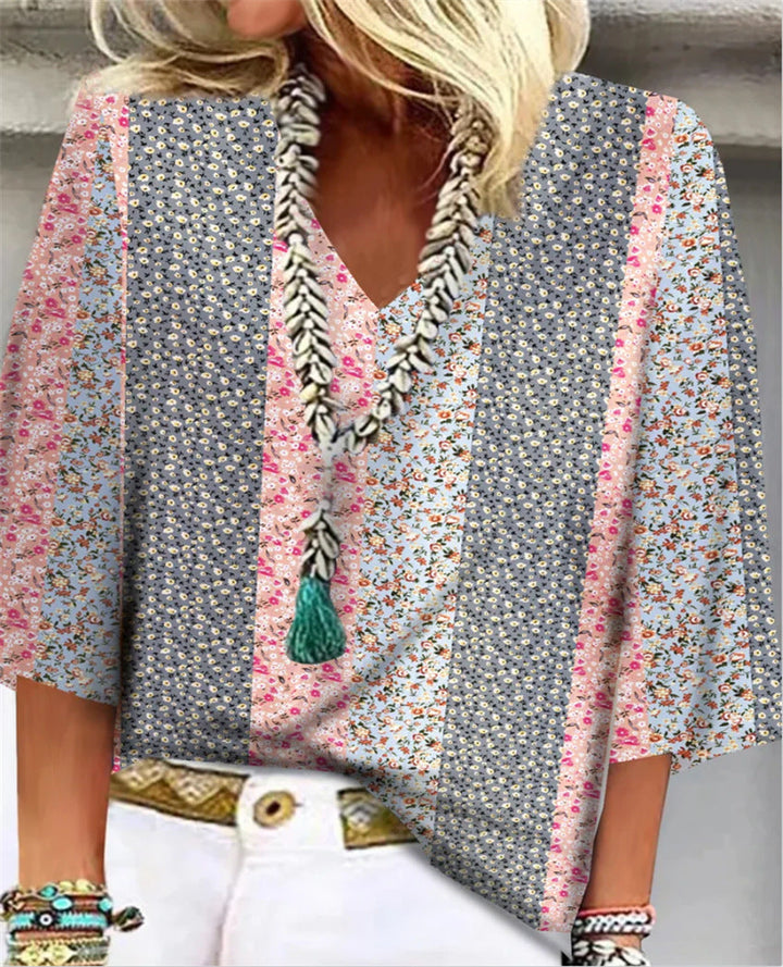 Bonnie | Damen Bluse 3/4 Arm V-Ausschnitt Patchwork Blumenprint