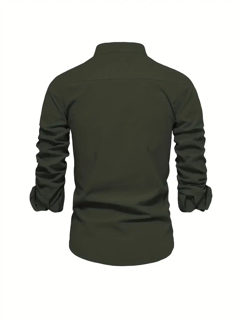 Fello | Herren Stehkragen Hemd Langarm Slim Fit Freizeithemd