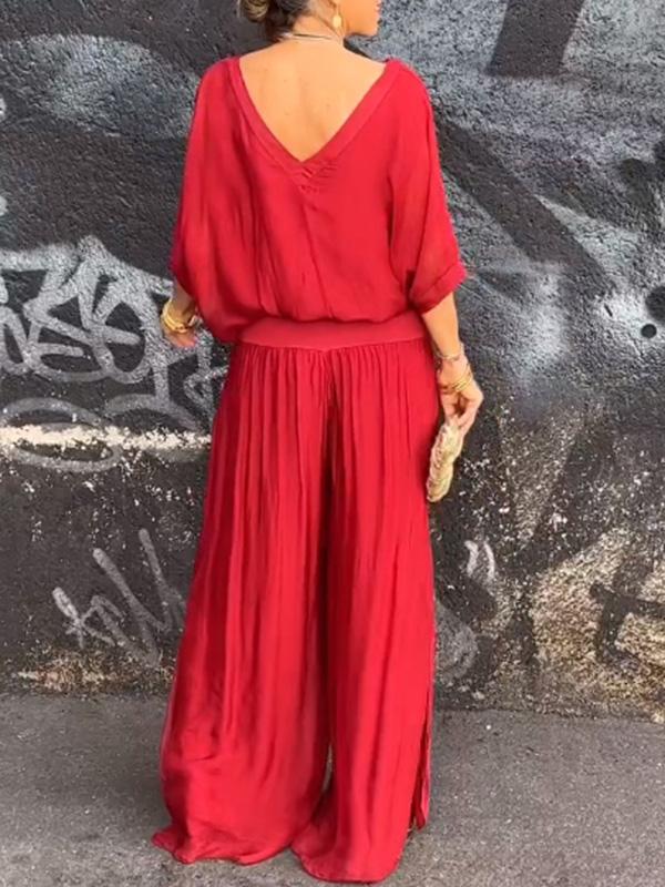 Saila | Damen Maxikleid V-Ausschnitt Fledermausärmel Unifarbe
