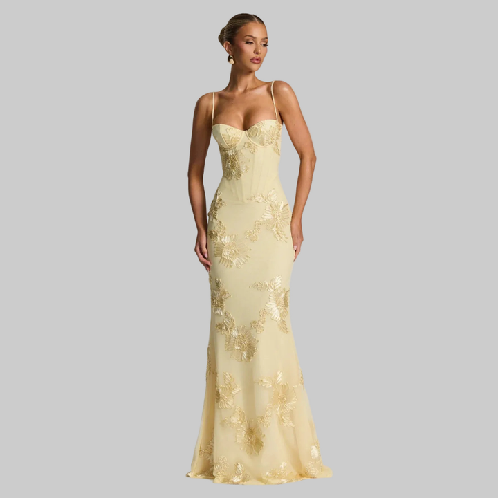 Calina | Damen Abendkleid Maxi Blumenapplikation Spaghettiträger - Champagne - Image 2