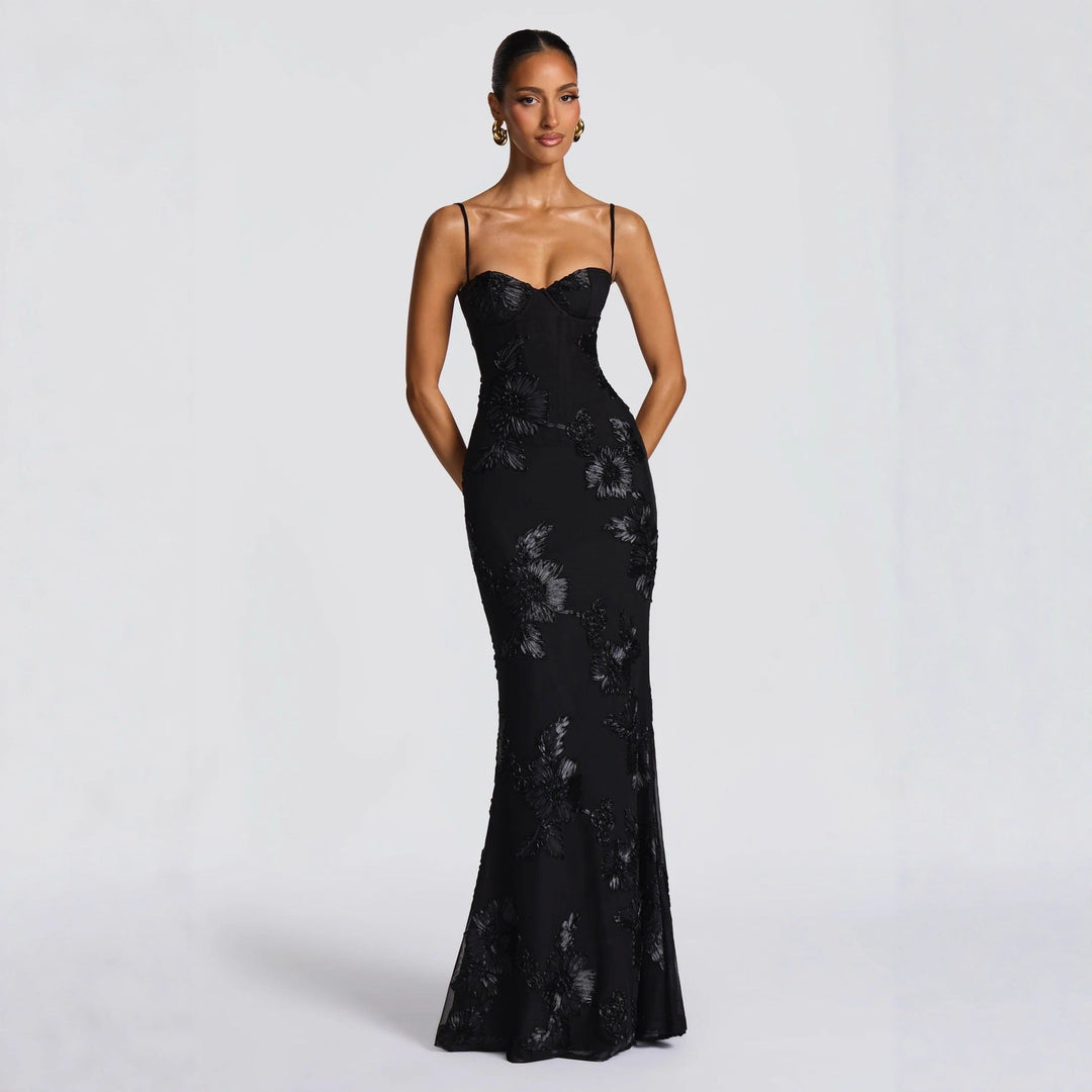 Calina | Damen Abendkleid Maxi Blumenapplikation Spaghettiträger - Champagne - Image 5