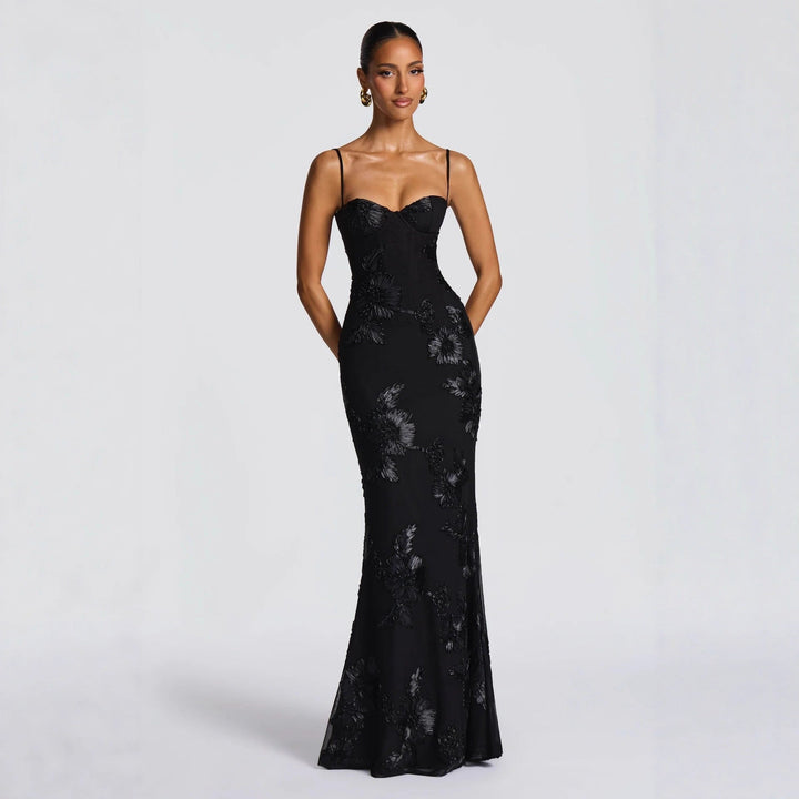 Calina | Damen Abendkleid Maxi Blumenapplikation Spaghettiträger - Champagne - Image 5