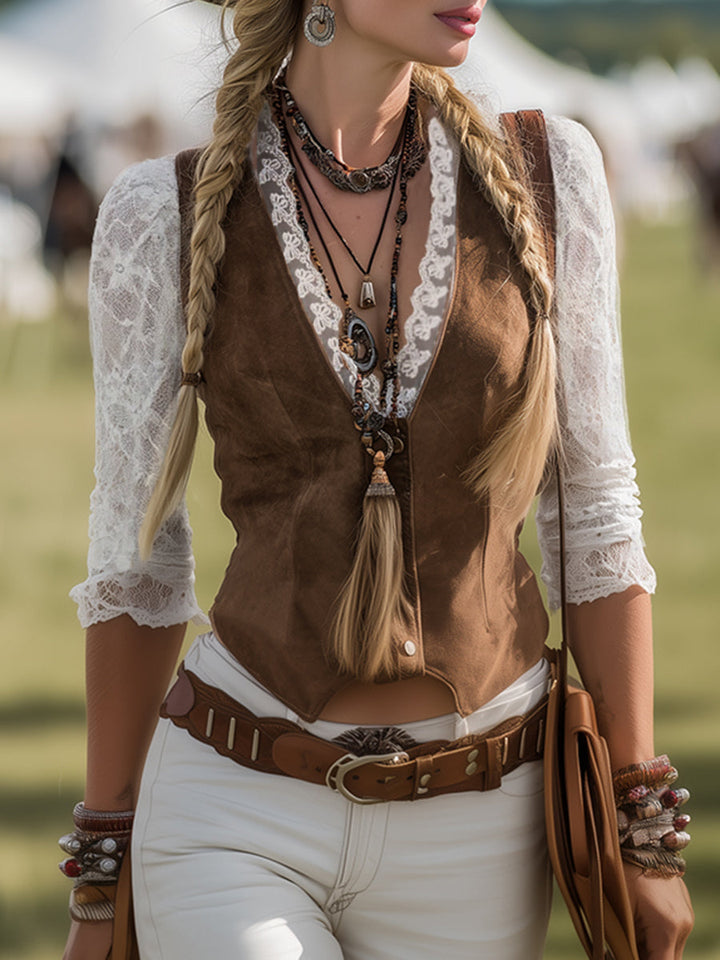 Calliope | Damen Western Langarm Spitzenärmel Bluse - Brown - Image 1