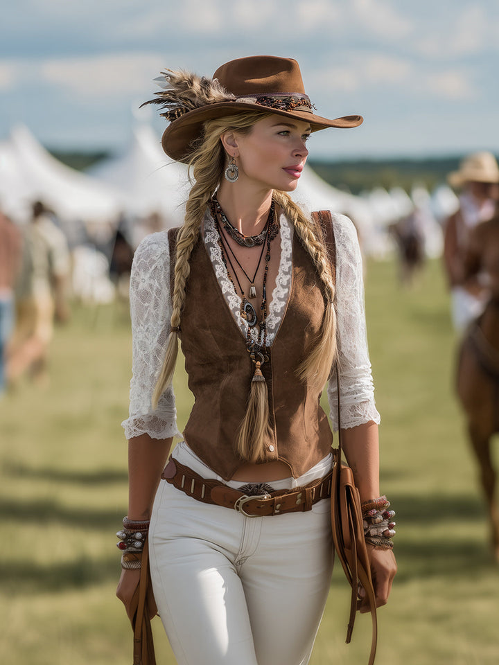 Calliope | Damen Western Langarm Spitzenärmel Bluse - Brown - Image 3