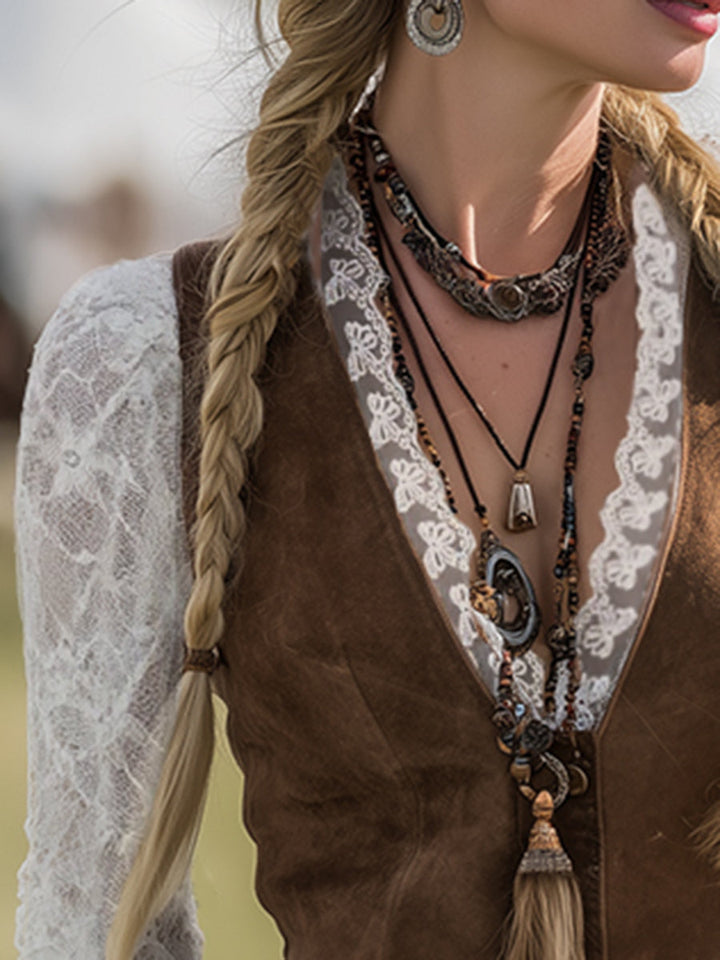 Calliope | Damen Western Langarm Spitzenärmel Bluse - Brown - Image 4