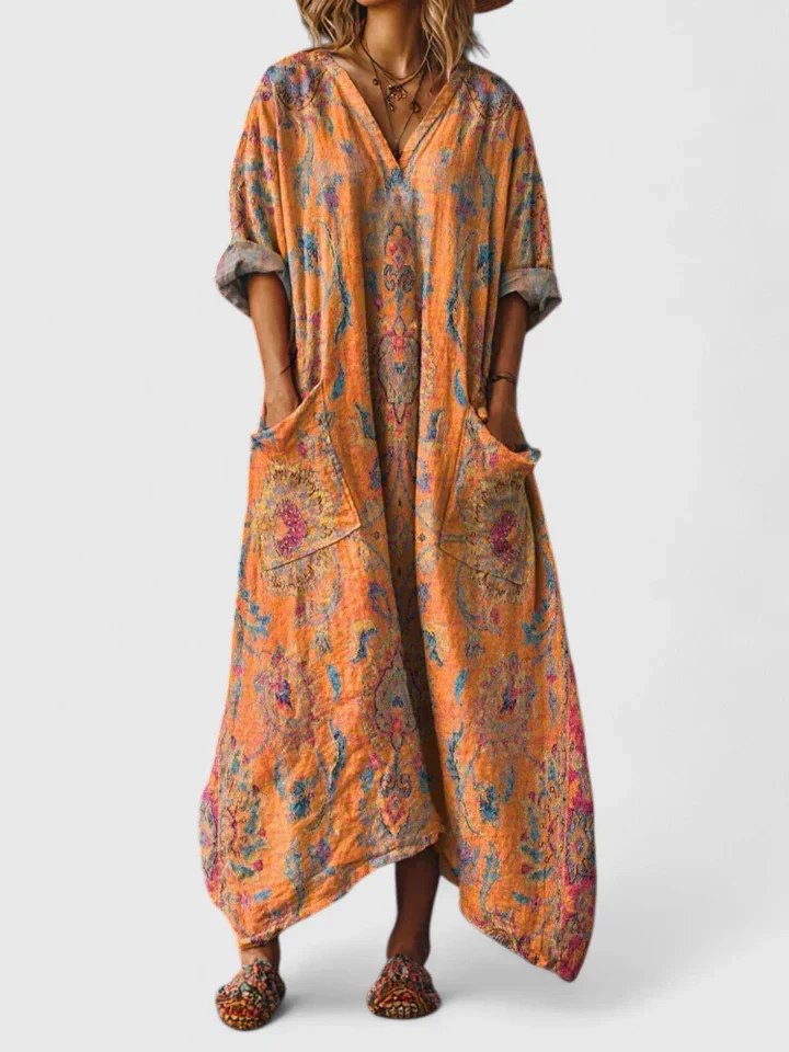 Calypso | Damen Paisley Boho Maxikleid mit V-Ausschnitt - Orange - Image 1
