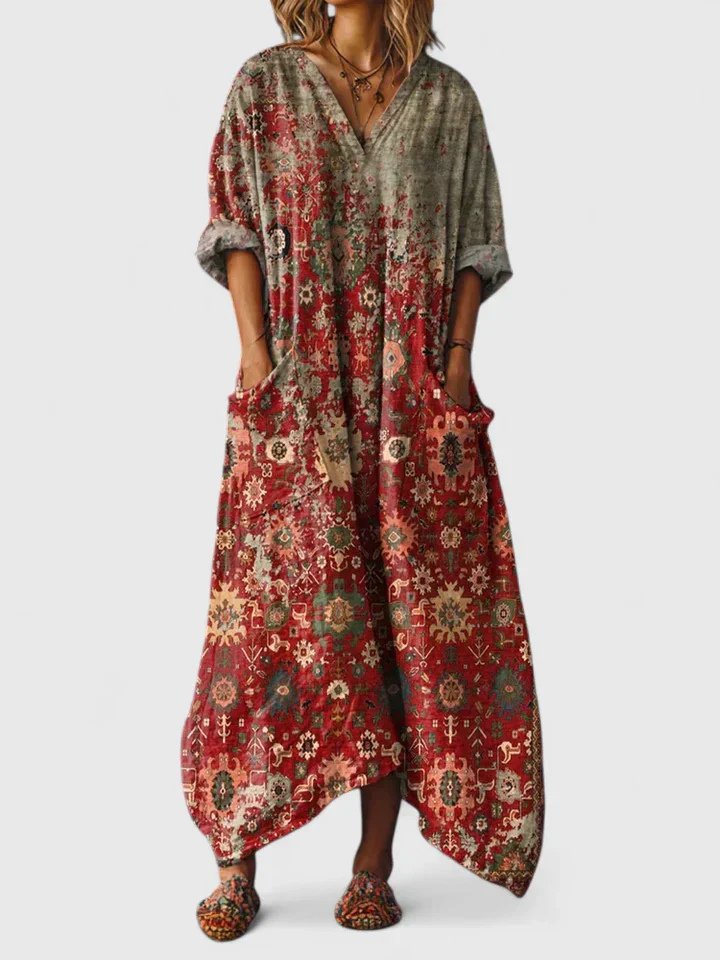 Calypso | Damen Paisley Boho Maxikleid mit V-Ausschnitt - Orange - Image 2