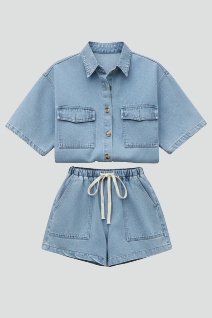 Camellia | Damen High Waist Zweiteiliges Set Bluse Shorts - Light Blue - Image 1