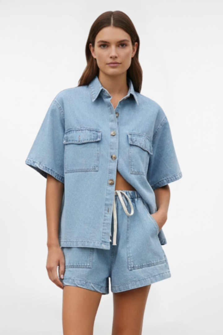 Camellia | Damen High Waist Zweiteiliges Set Bluse Shorts - Light Blue - Image 2