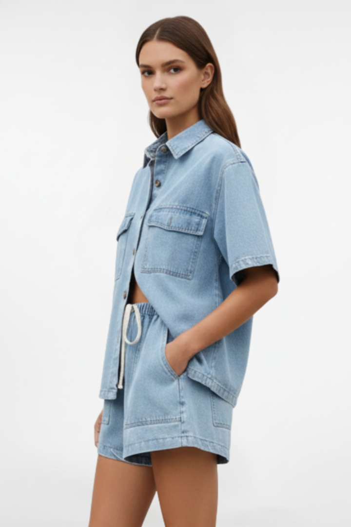 Camellia | Damen High Waist Zweiteiliges Set Bluse Shorts - Light Blue - Image 3