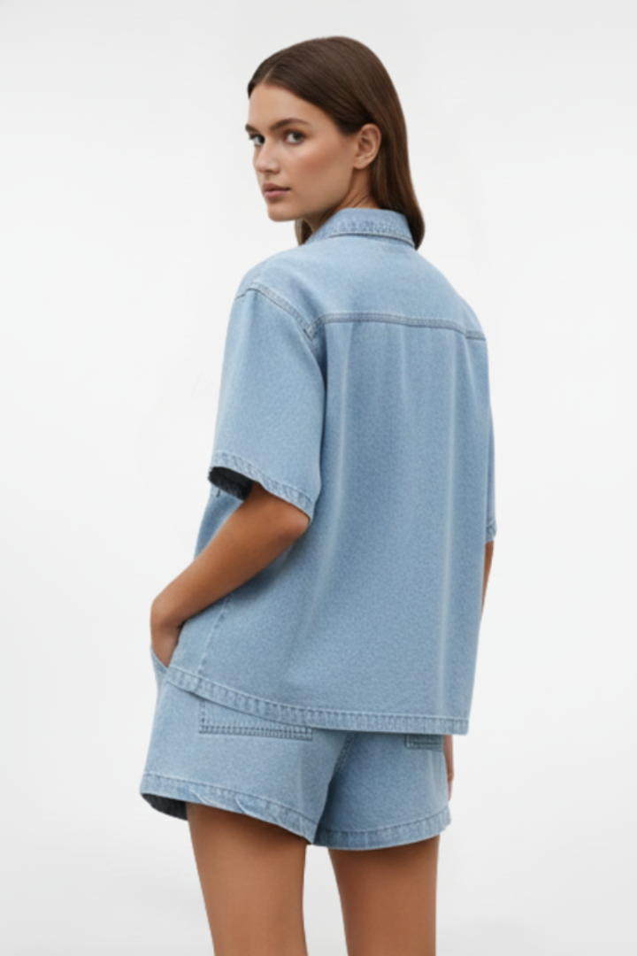 Camellia | Damen High Waist Zweiteiliges Set Bluse Shorts - Light Blue - Image 5
