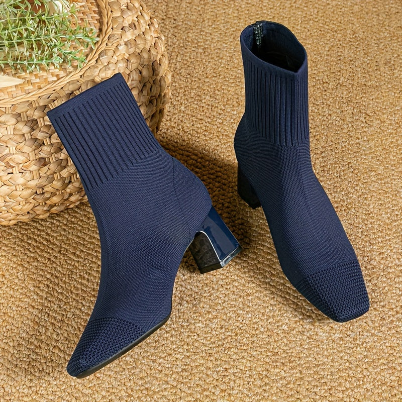 Carina | Damen Strick Ankle Boots mit Blockabsatz - Navy - Image 1