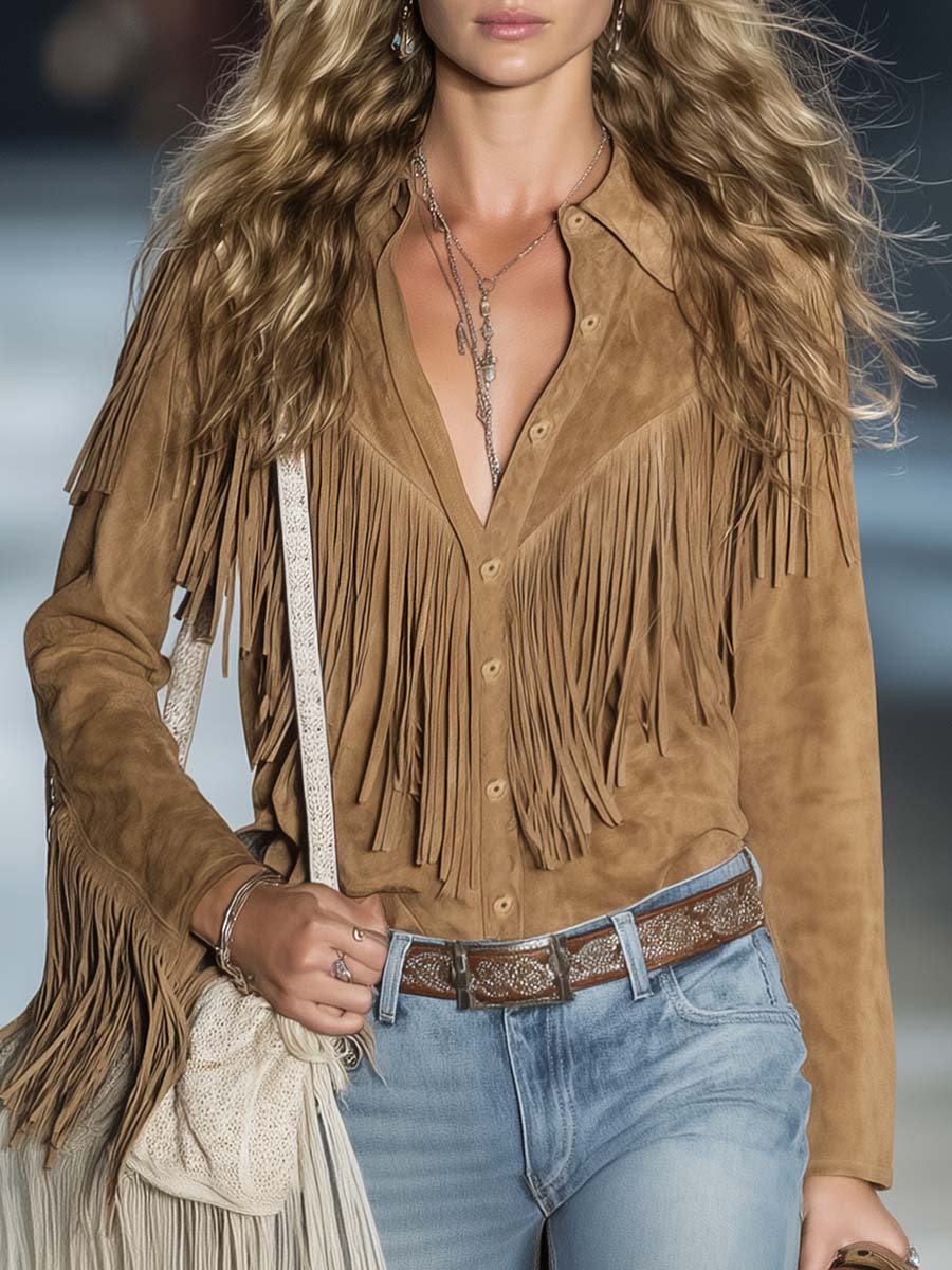 Carlotta | Damen Western Hemd mit Fransen - Brown - Image 1