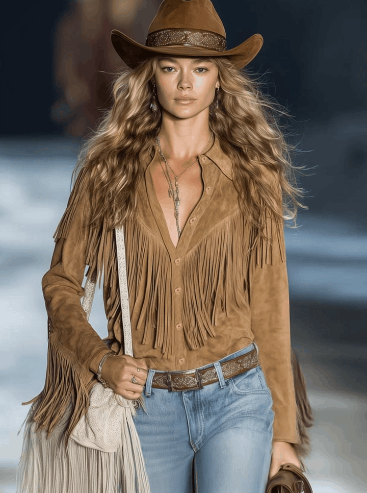 Carlotta | Damen Western Hemd mit Fransen - Brown - Image 2