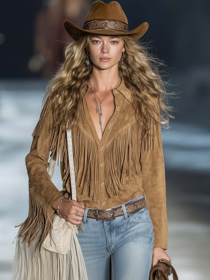 Carlotta | Damen Western Hemd mit Fransen - Brown - Image 3