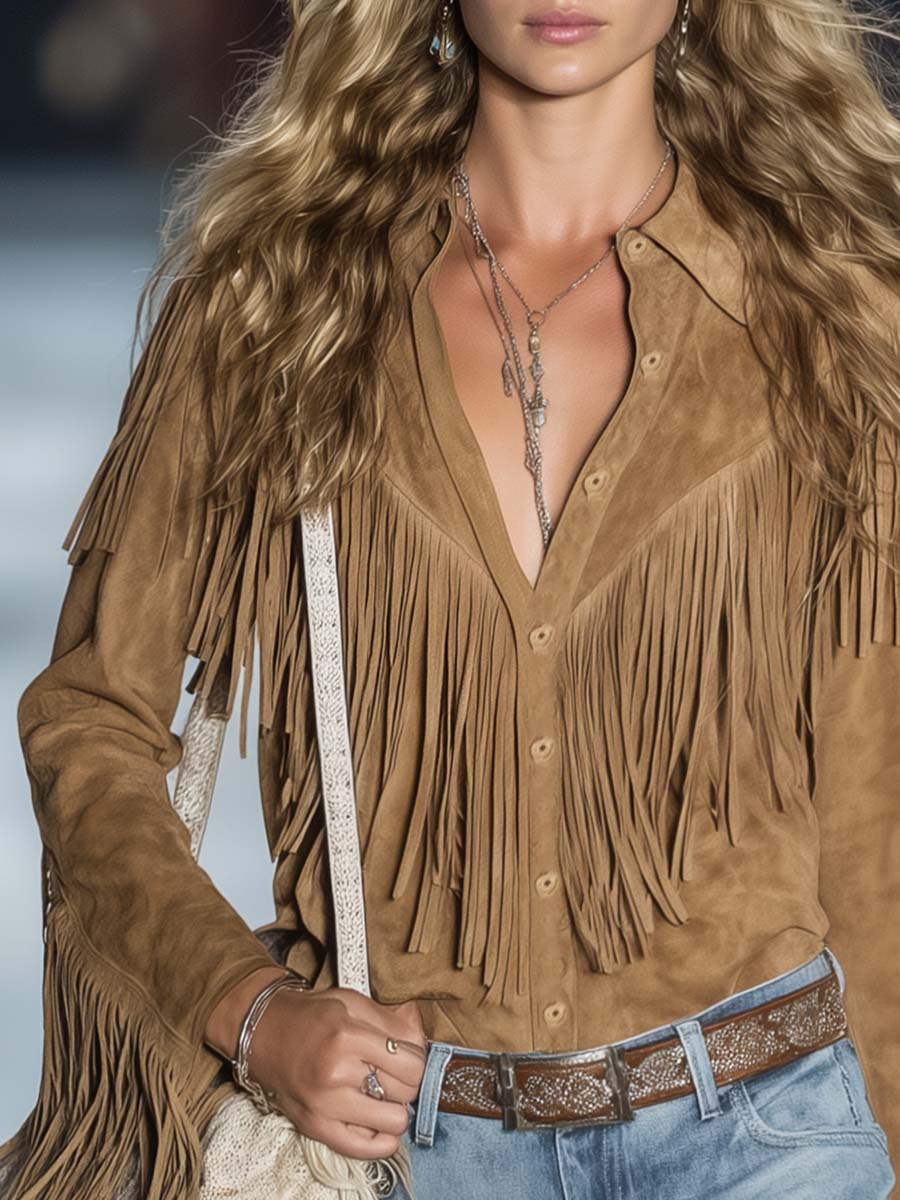Carlotta | Damen Western Hemd mit Fransen - Brown - Image 4