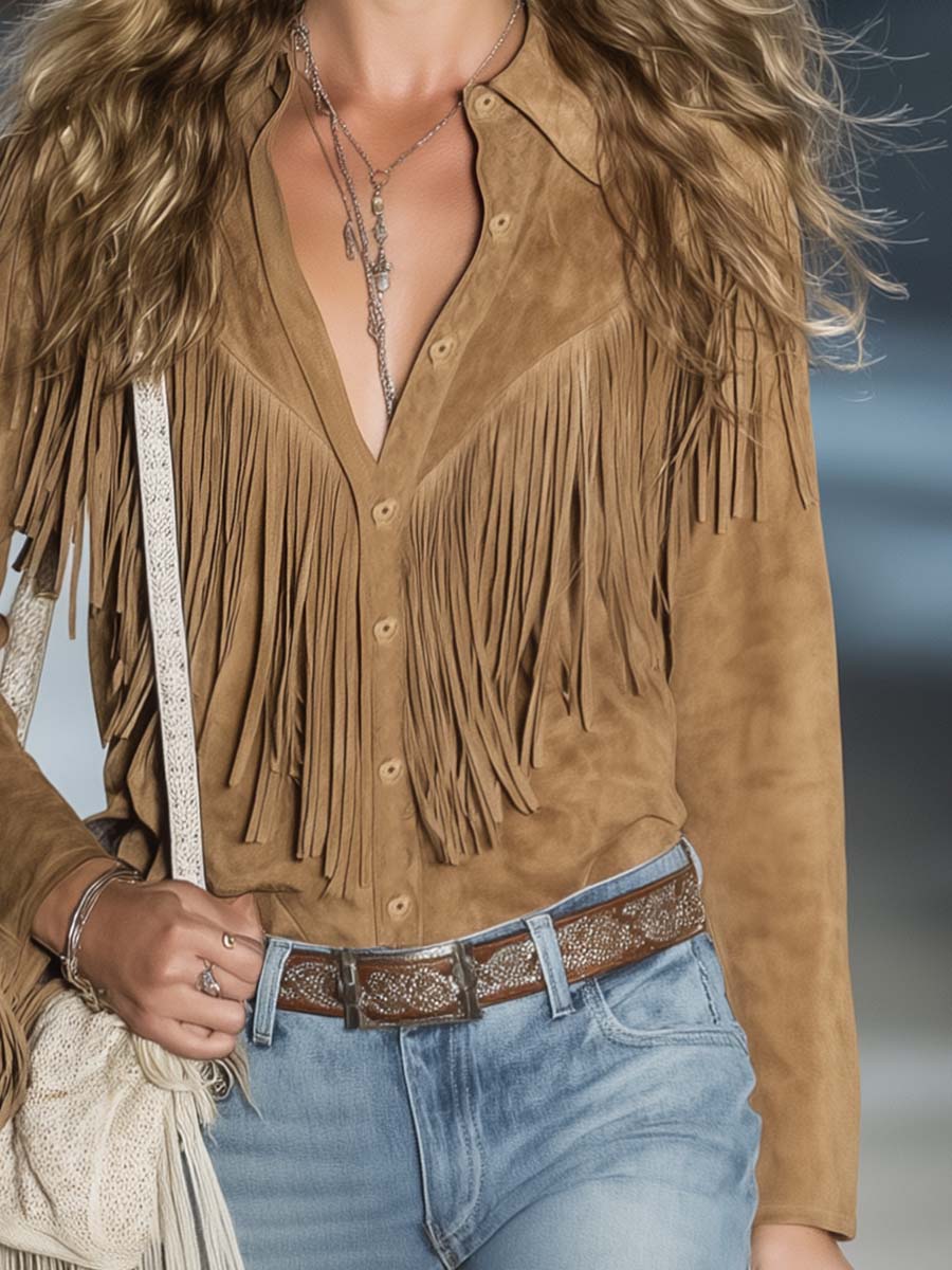 Carlotta | Damen Western Hemd mit Fransen - Brown - Image 5