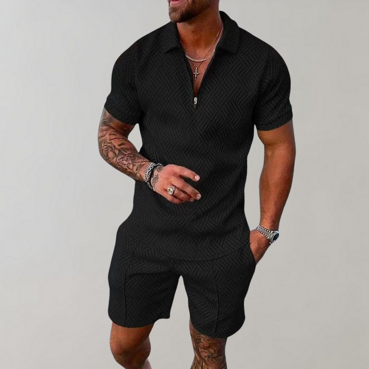 Caspian | Herren Texturiert Polo Shorts Set - Black - Image 1