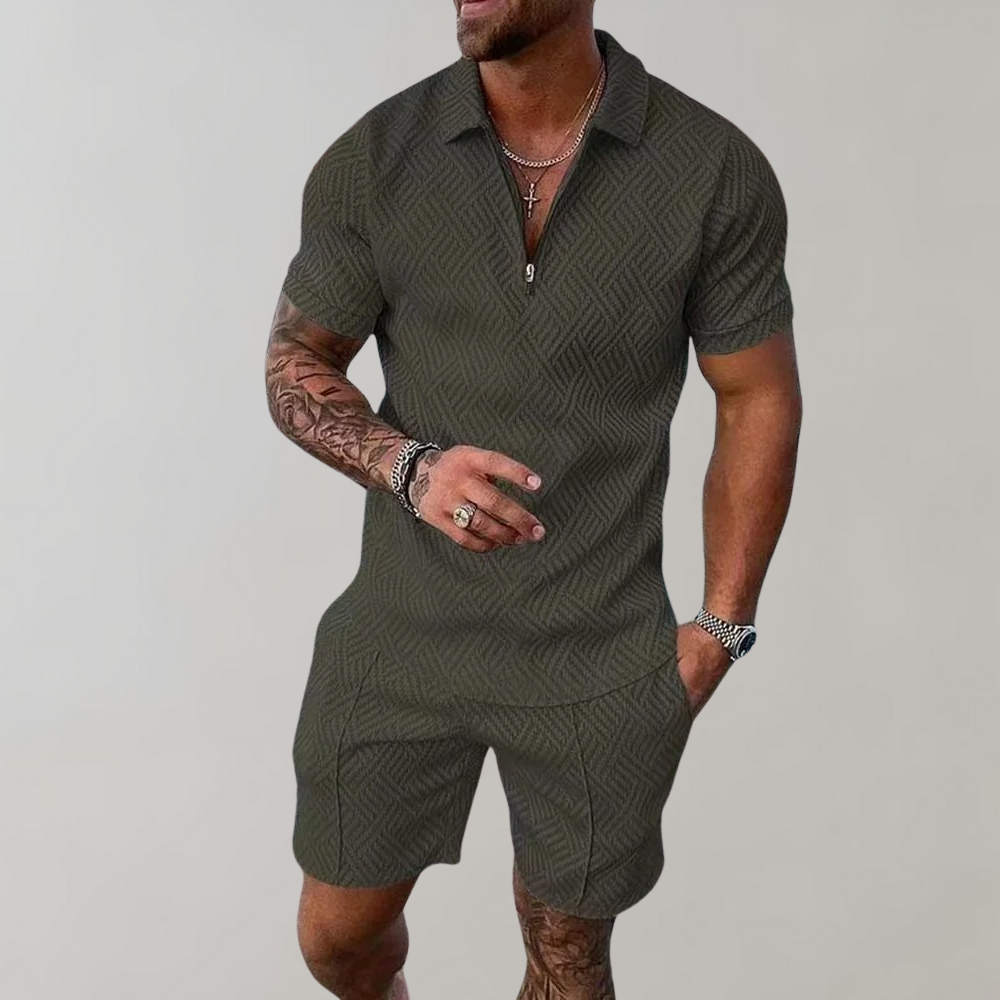 Caspian | Herren Texturiert Polo Shorts Set - Black - Image 2
