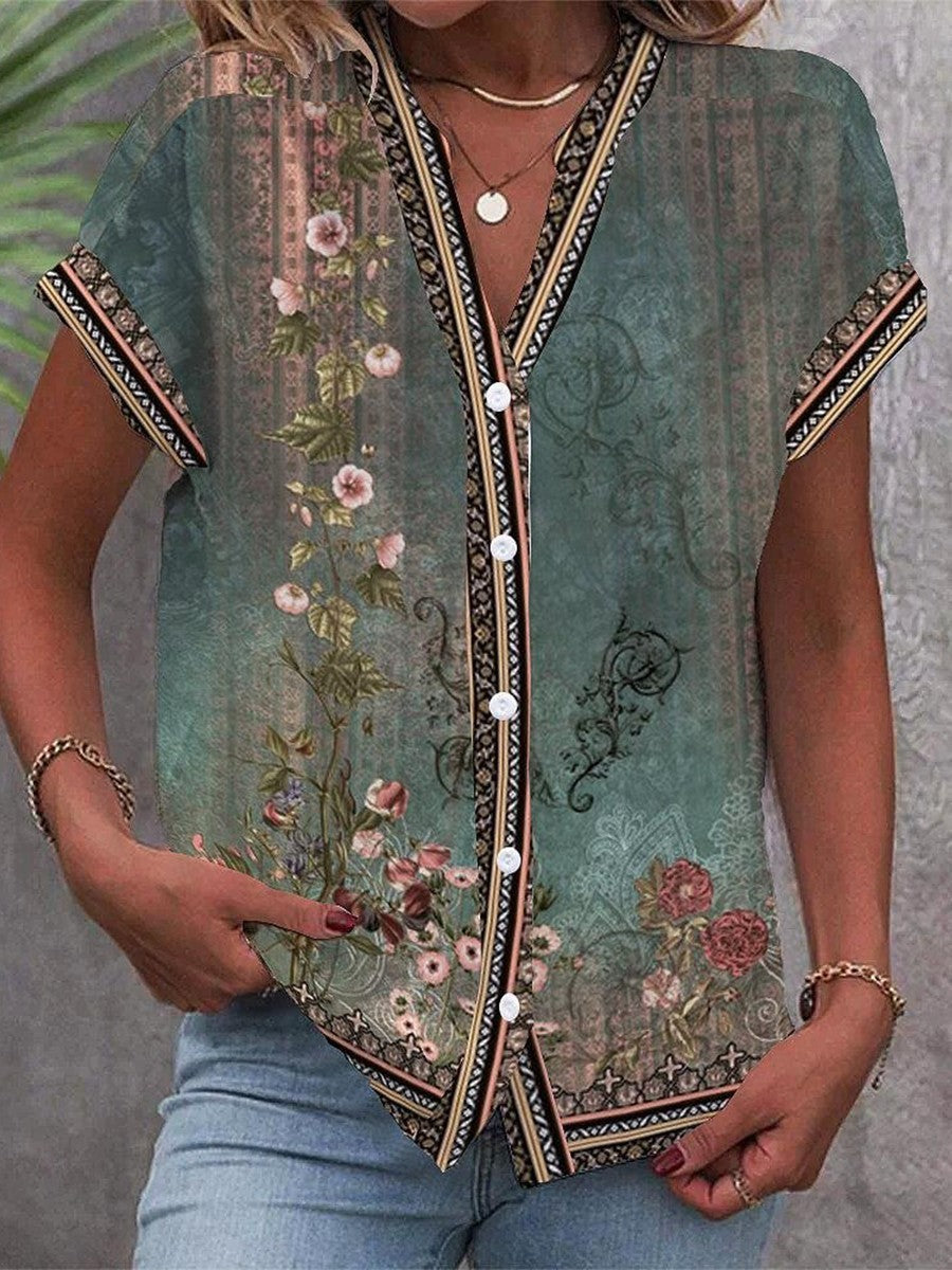 Miana | Damen Bluse Kurzarm V-Ausschnitt Boho Vintage Print