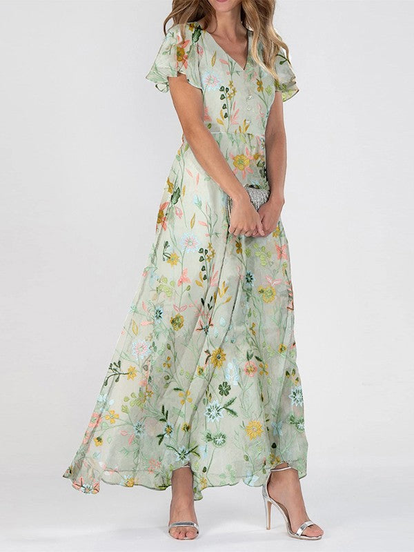 Floras | Damen Maxikleid Blumenmuster V-Ausschnitt Flatterärmel