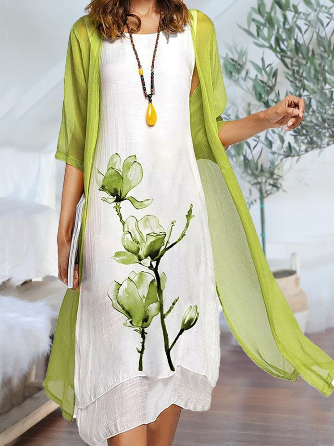 Yuki | Damen Kleid Set Optik mit Kimono Blumenprint