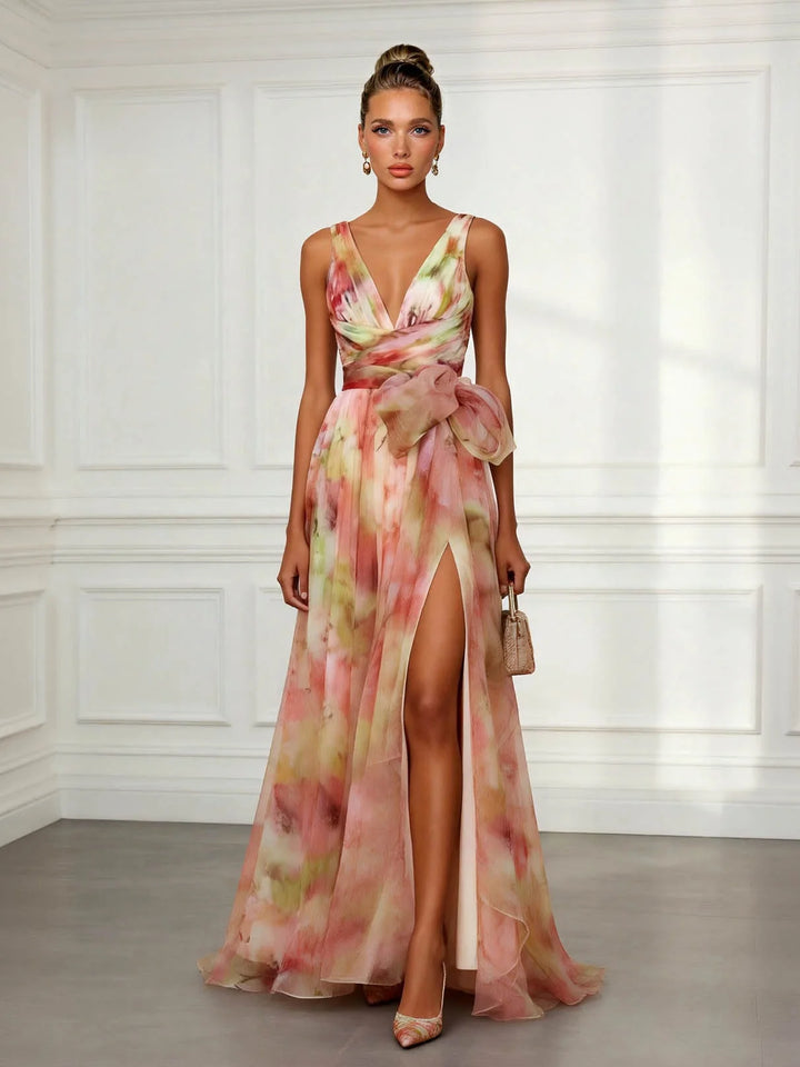 Celeste | Damen Florales Maxikleid V-Ausschnitt Bindegürtel - Floral - Image 1