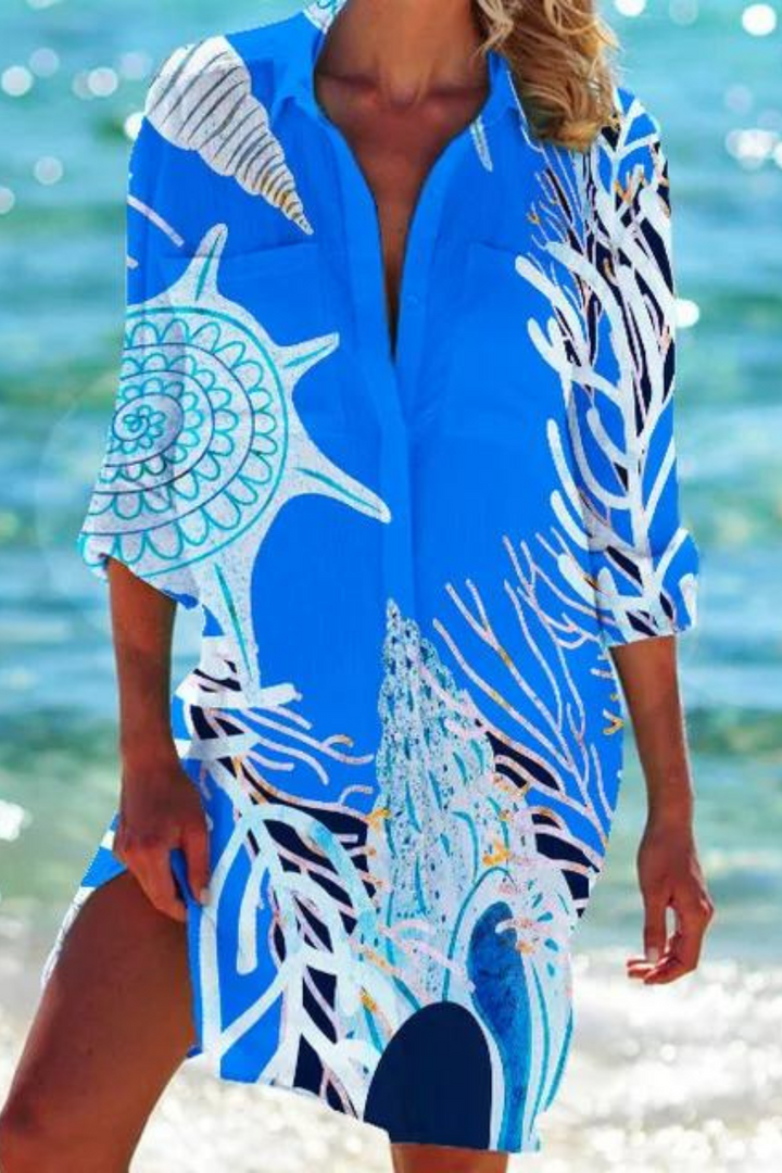 Cerena | Damen Strandbluse Hemdkragen Maritimer Print - Blue - Image 1