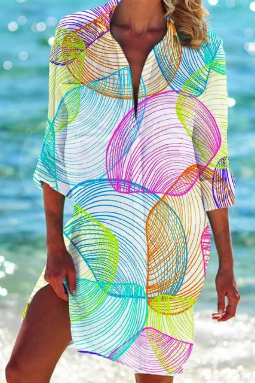 Cerena | Damen Strandbluse Hemdkragen Maritimer Print - Blue - Image 10