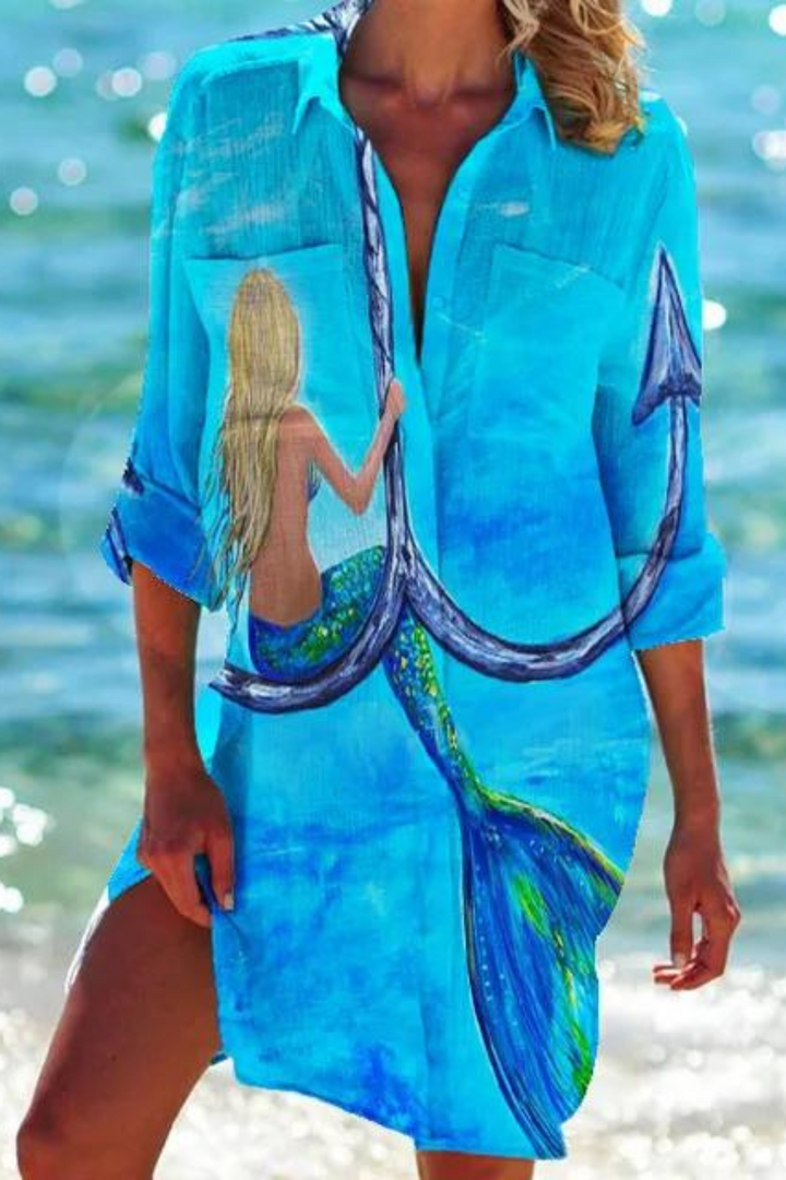 Cerena | Damen Strandbluse Hemdkragen Maritimer Print - Blue - Image 2