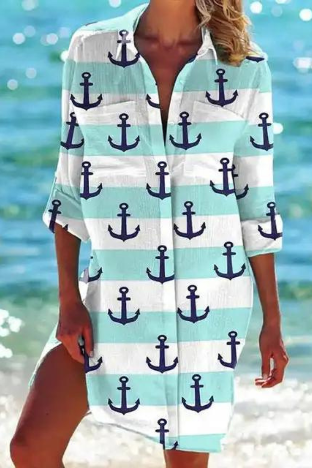 Cerena | Damen Strandbluse Hemdkragen Maritimer Print - Blue - Image 3