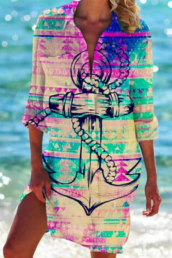 Cerena | Damen Strandbluse Hemdkragen Maritimer Print - Blue - Image 4