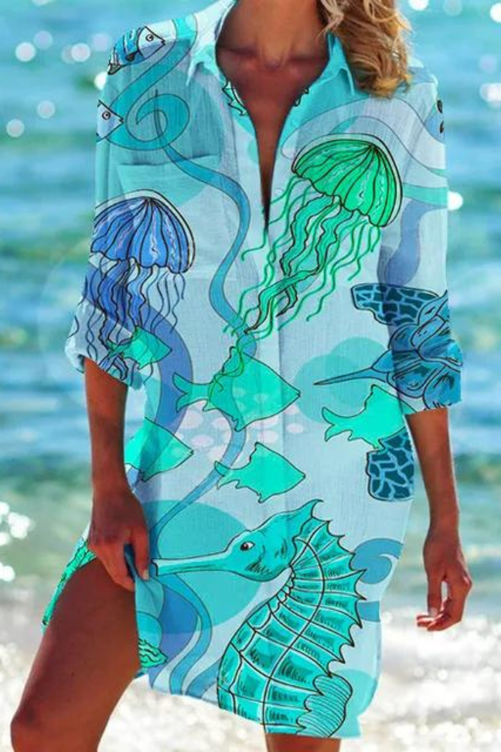 Cerena | Damen Strandbluse Hemdkragen Maritimer Print - Blue - Image 5