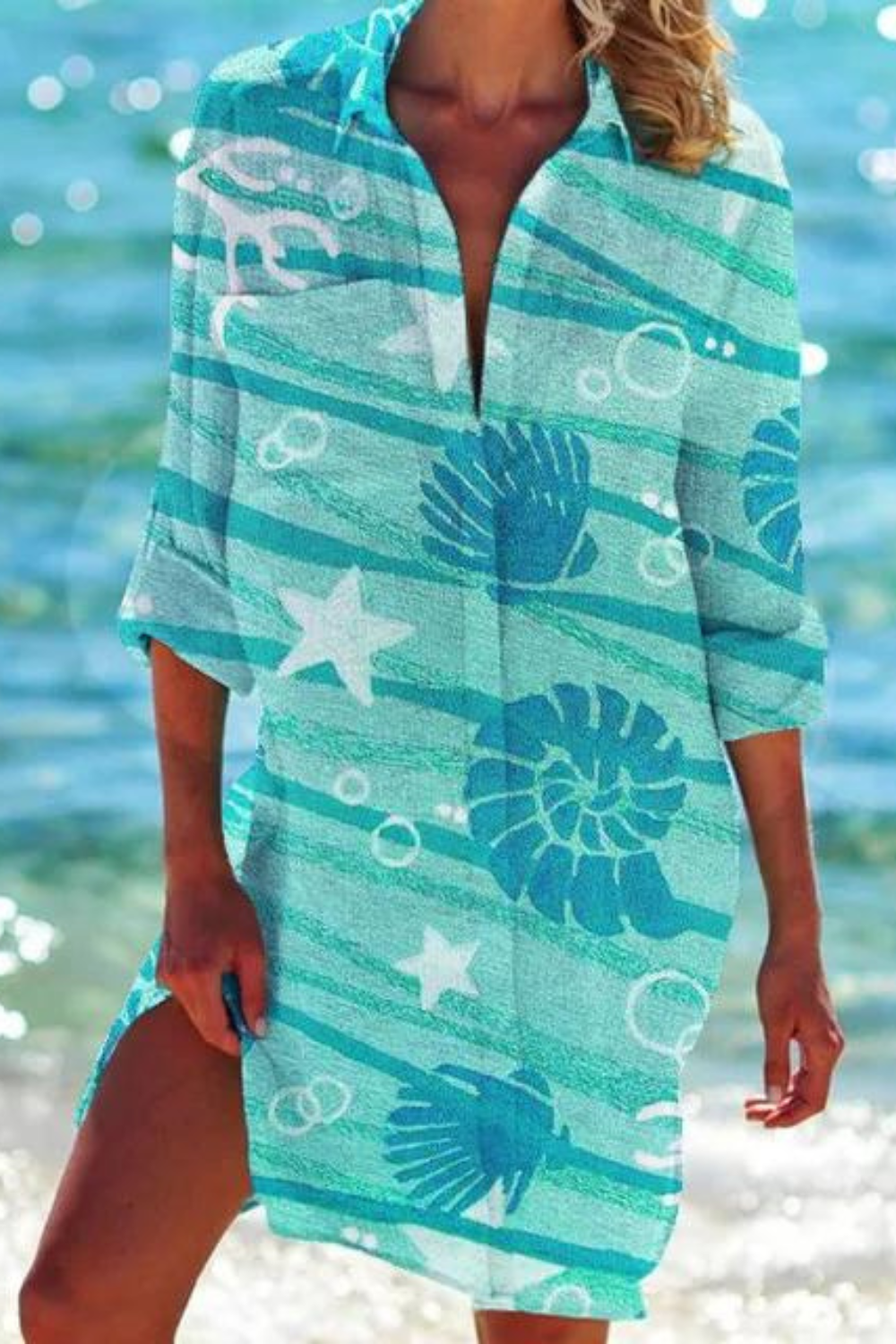 Cerena | Damen Strandbluse Hemdkragen Maritimer Print - Blue - Image 6