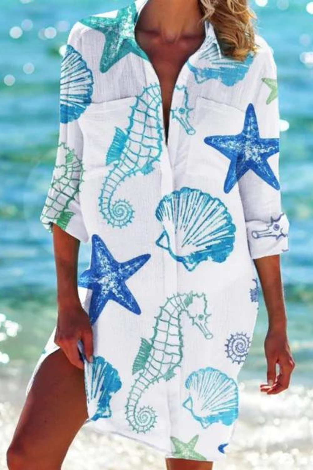 Cerena | Damen Strandbluse Hemdkragen Maritimer Print - Blue - Image 7