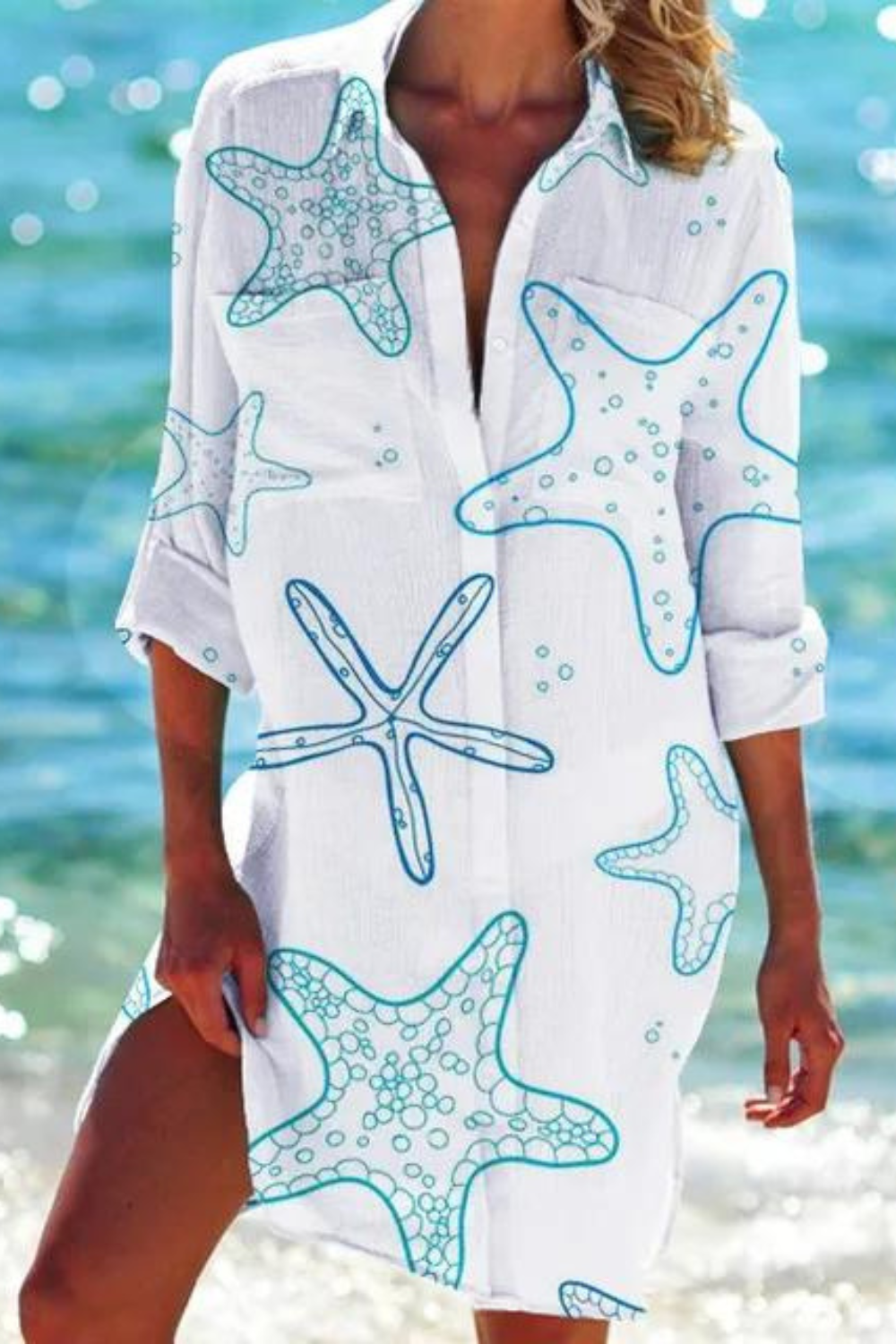 Cerena | Damen Strandbluse Hemdkragen Maritimer Print - Blue - Image 8