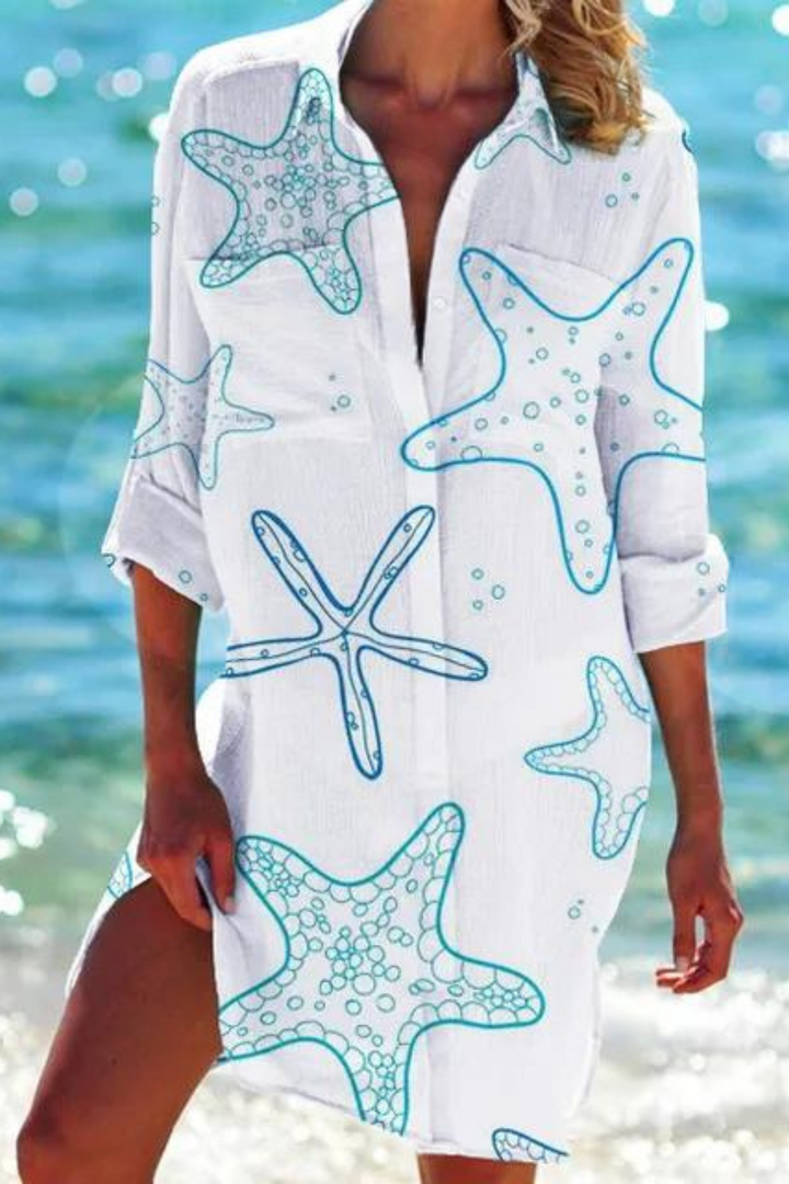 Cerena | Damen Strandbluse Hemdkragen Maritimer Print - Blue - Image 8
