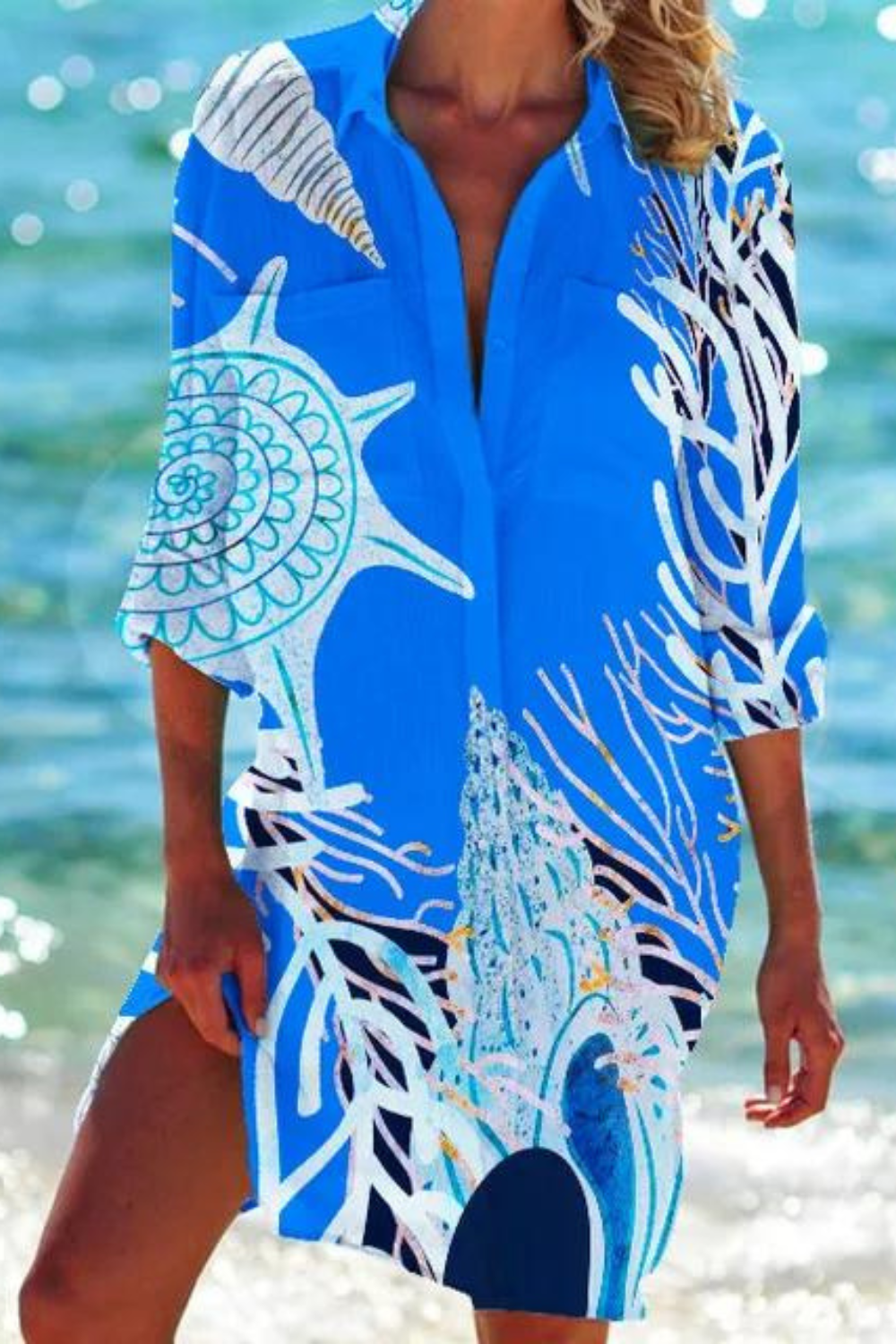 Cerena | Damen Strandbluse Hemdkragen Maritimer Print - Blue - Image 9