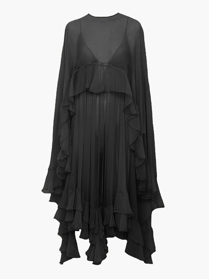 Seraphina | Damen Chiffon Maxikleid mit Umhang, Rüschen festlich