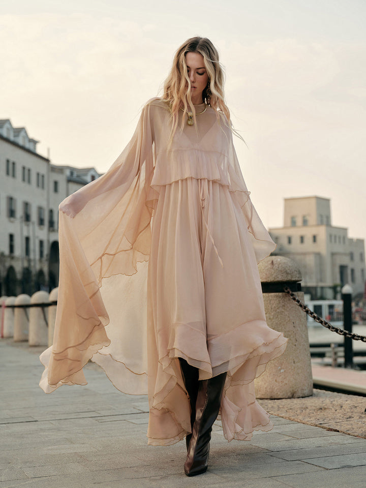 Seraphina | Damen Chiffon Maxikleid mit Umhang, Rüschen festlich