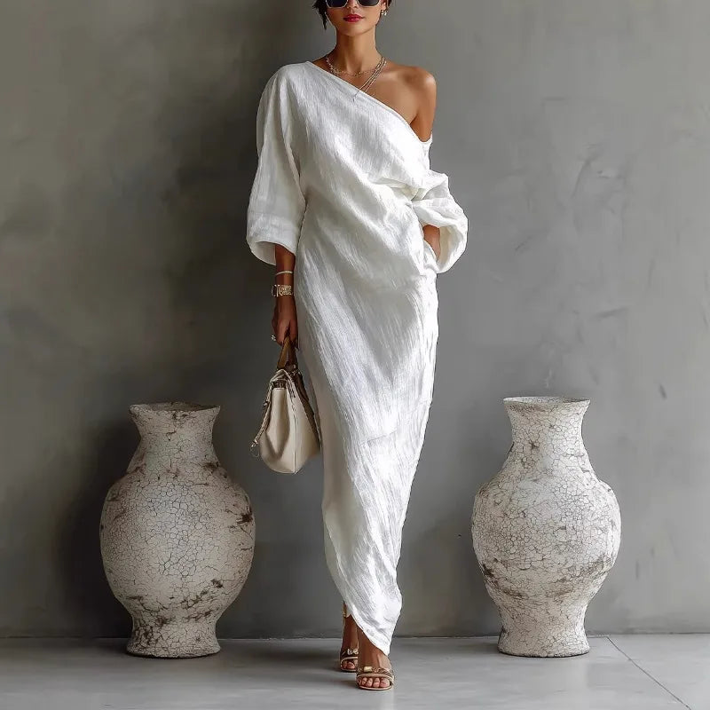 Clementine | Damen Asymmetrisches One-Shoulder Maxikleid - White - Image 1