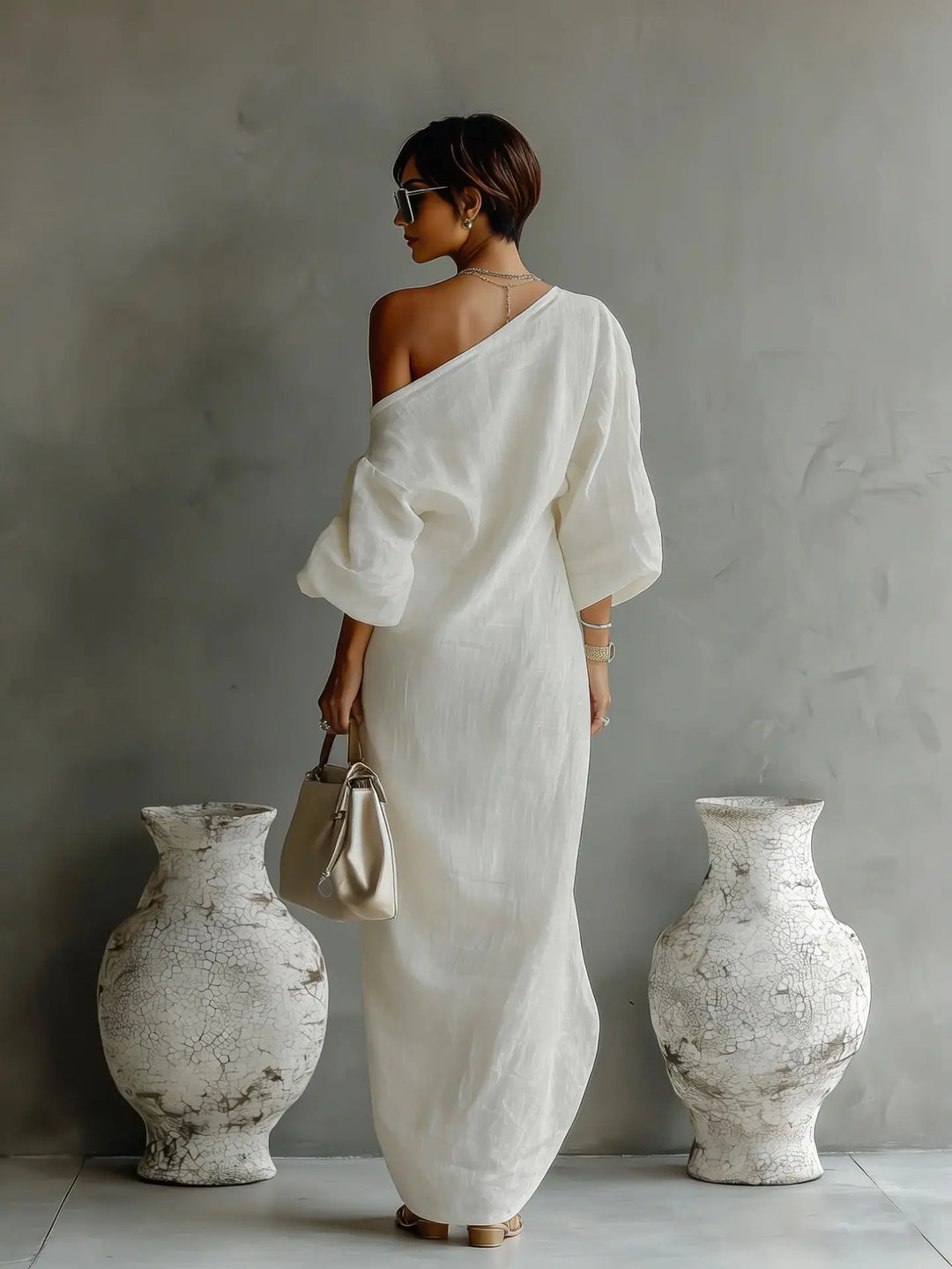 Clementine | Damen Asymmetrisches One-Shoulder Maxikleid - White - Image 3