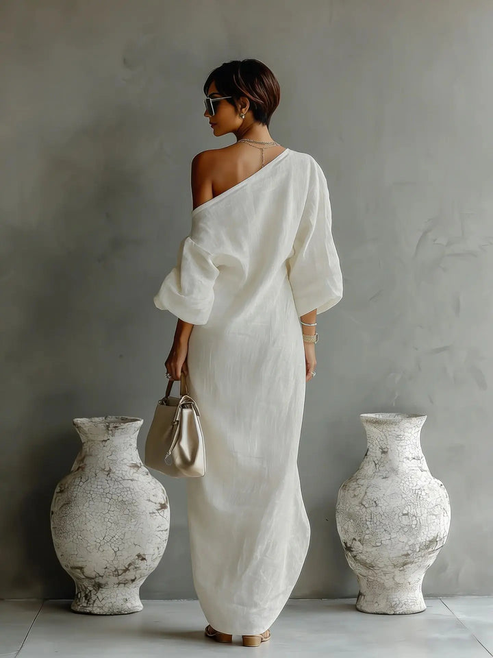 Clementine | Damen Asymmetrisches One-Shoulder Maxikleid - White - Image 3