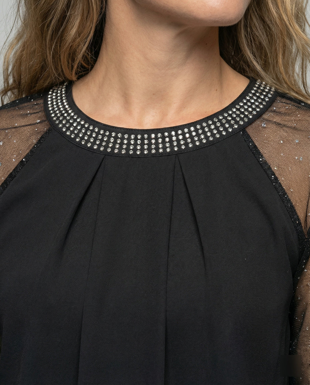 Nina | Damen Mesh Top Transparent Langarm Nieten Rundhals Elegant