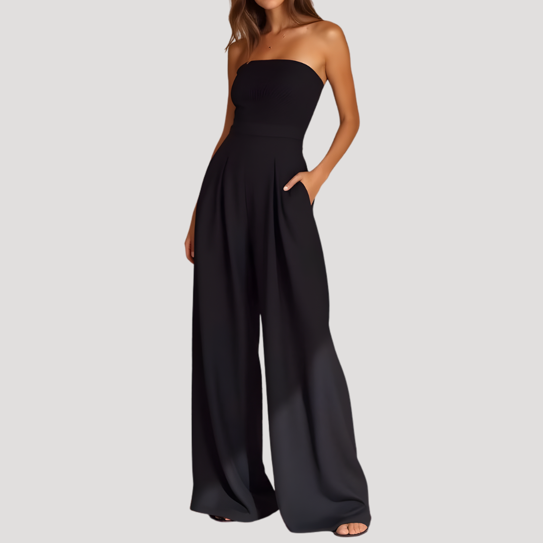 Cordelia | Damen Trägerloser Wide Leg Jumpsuit - Navy - Image 3
