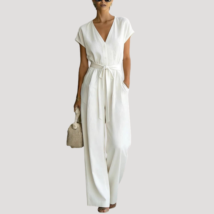 Cordova | Damen V-Ausschnitt Wide Leg Jumpsuit - White - Image 1